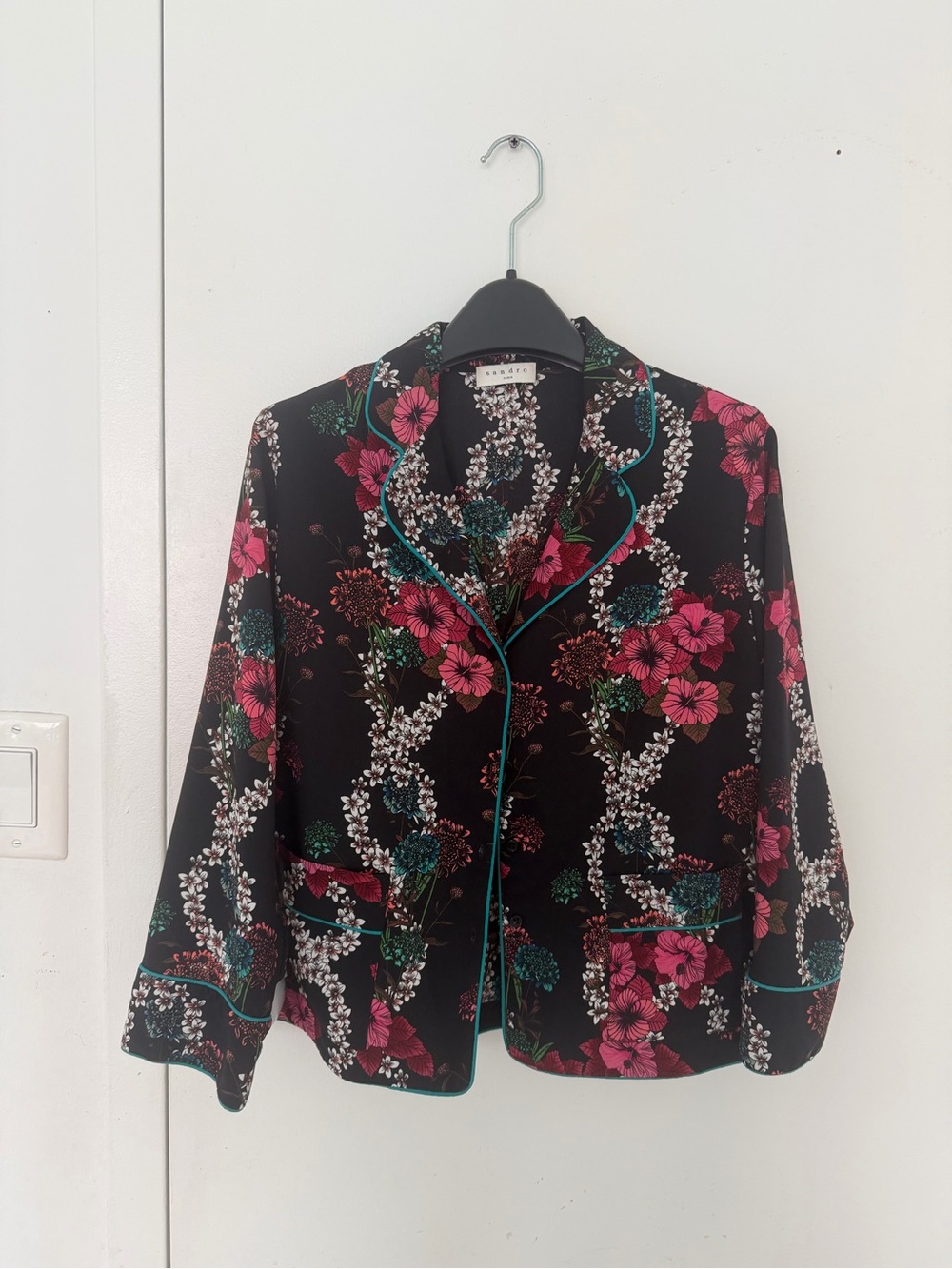 Sandro Black Floral Satin Blazer with Pink & Green Accents